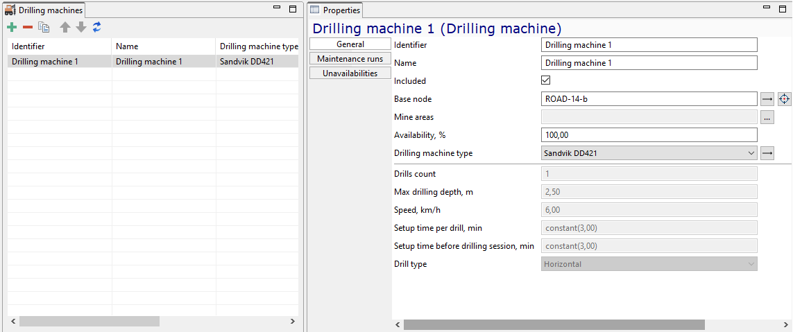 Drilling machine properties view