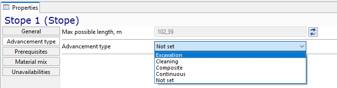 Stope advancement type selection